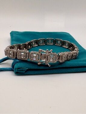 Emerald Cut Halo Tennis Bracelet | 925 Sterling Silver | 7” CZ Statement